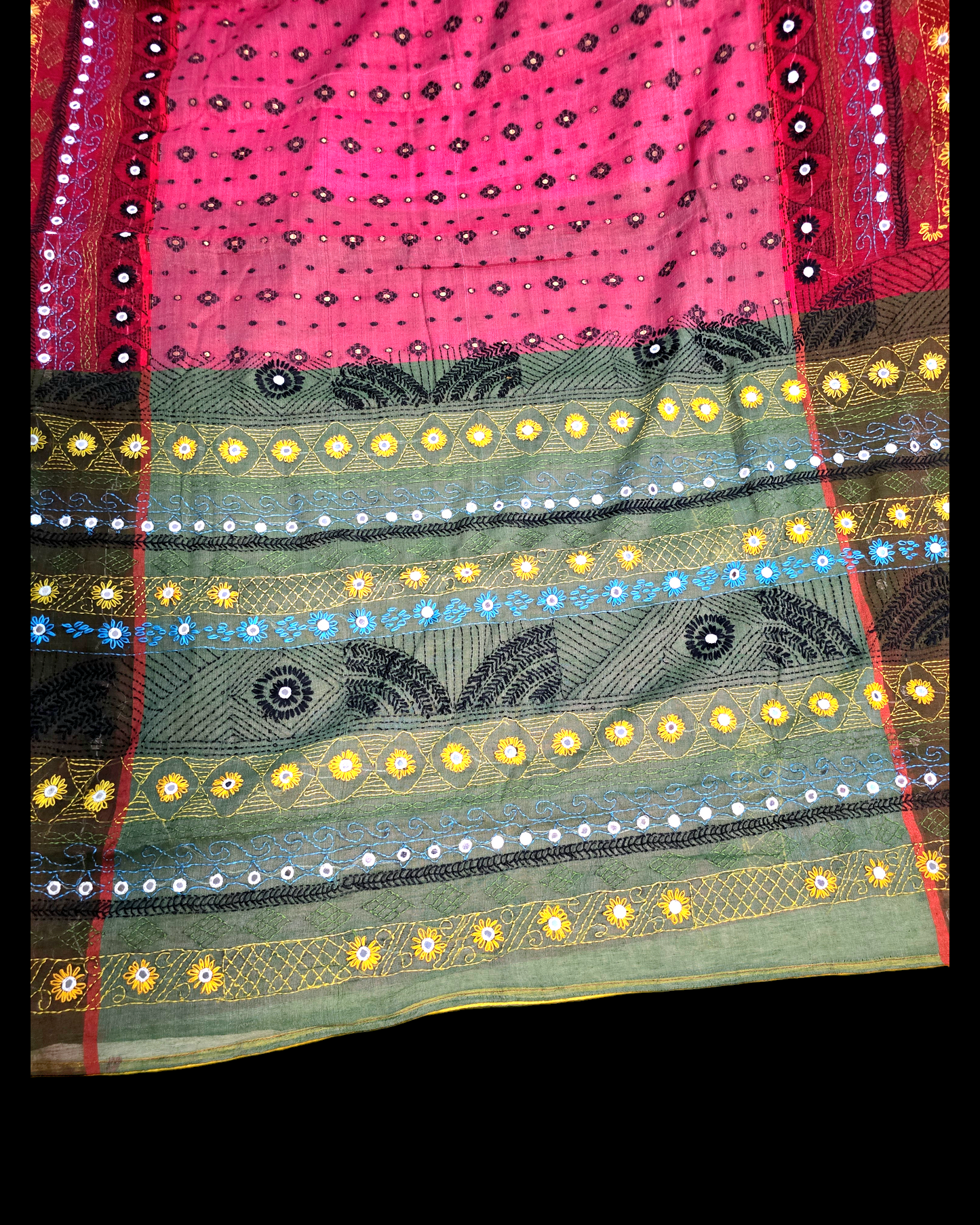 carrot pink jamdani saree with lambani work.