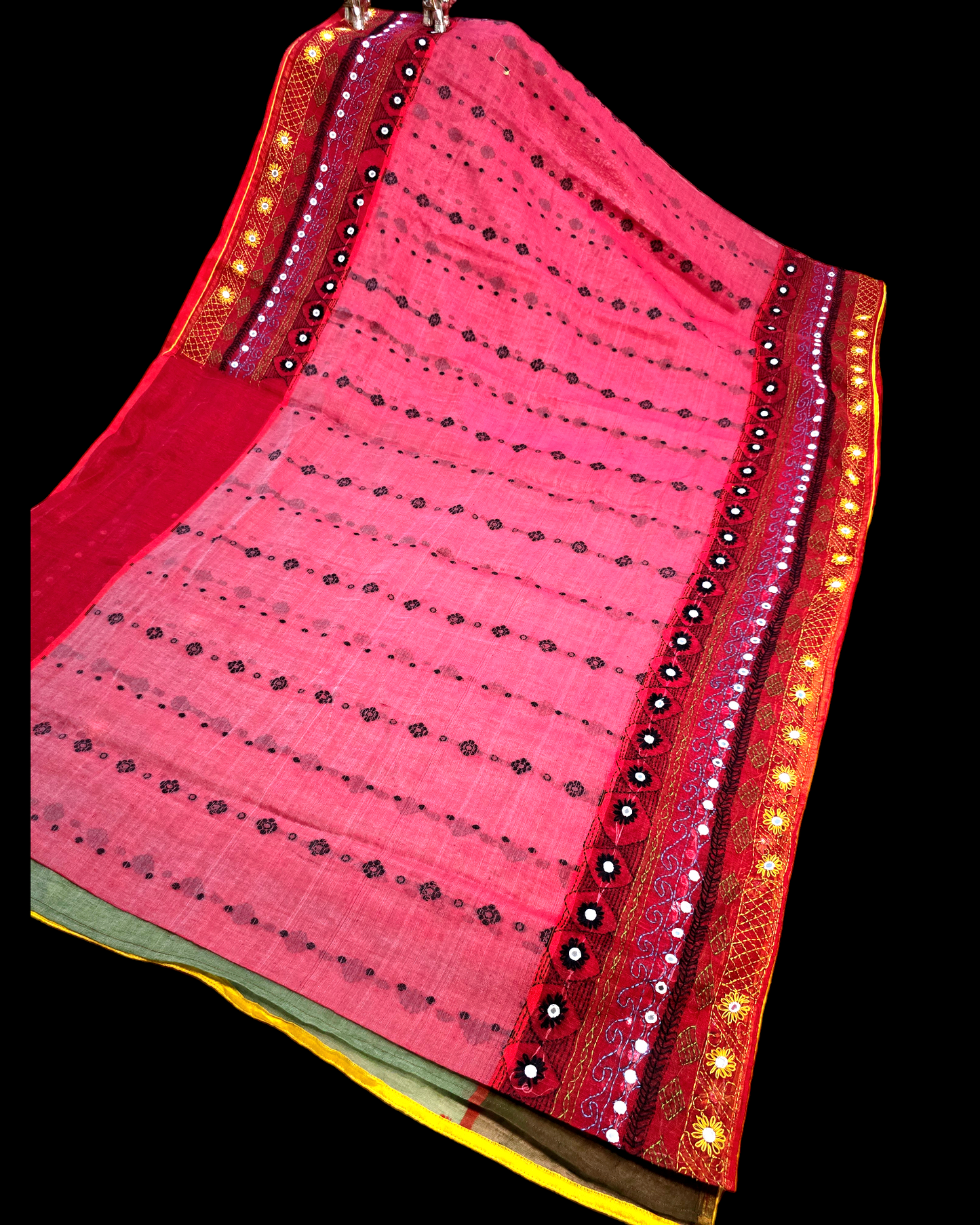 carrot pink jamdani saree with lambani work.