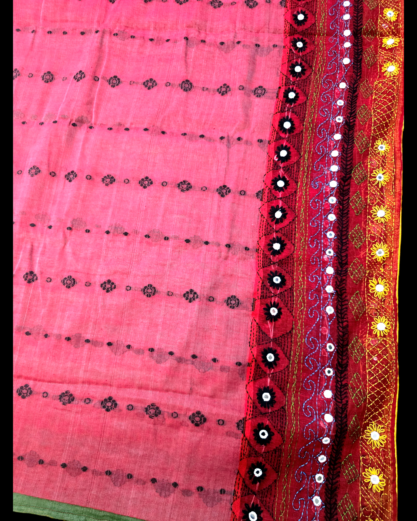 carrot pink jamdani saree with lambani work.