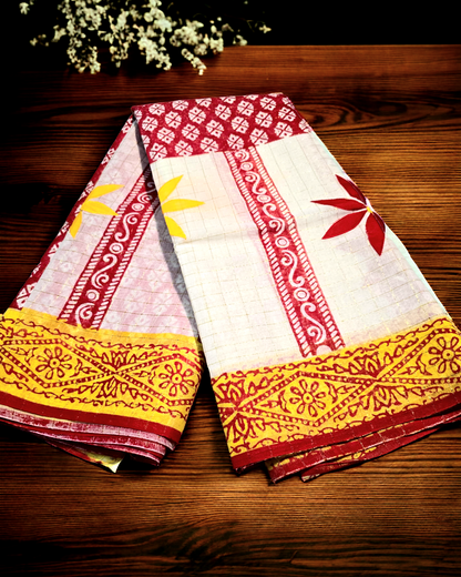 Off White and Red block print and applique work zari check Tant saree