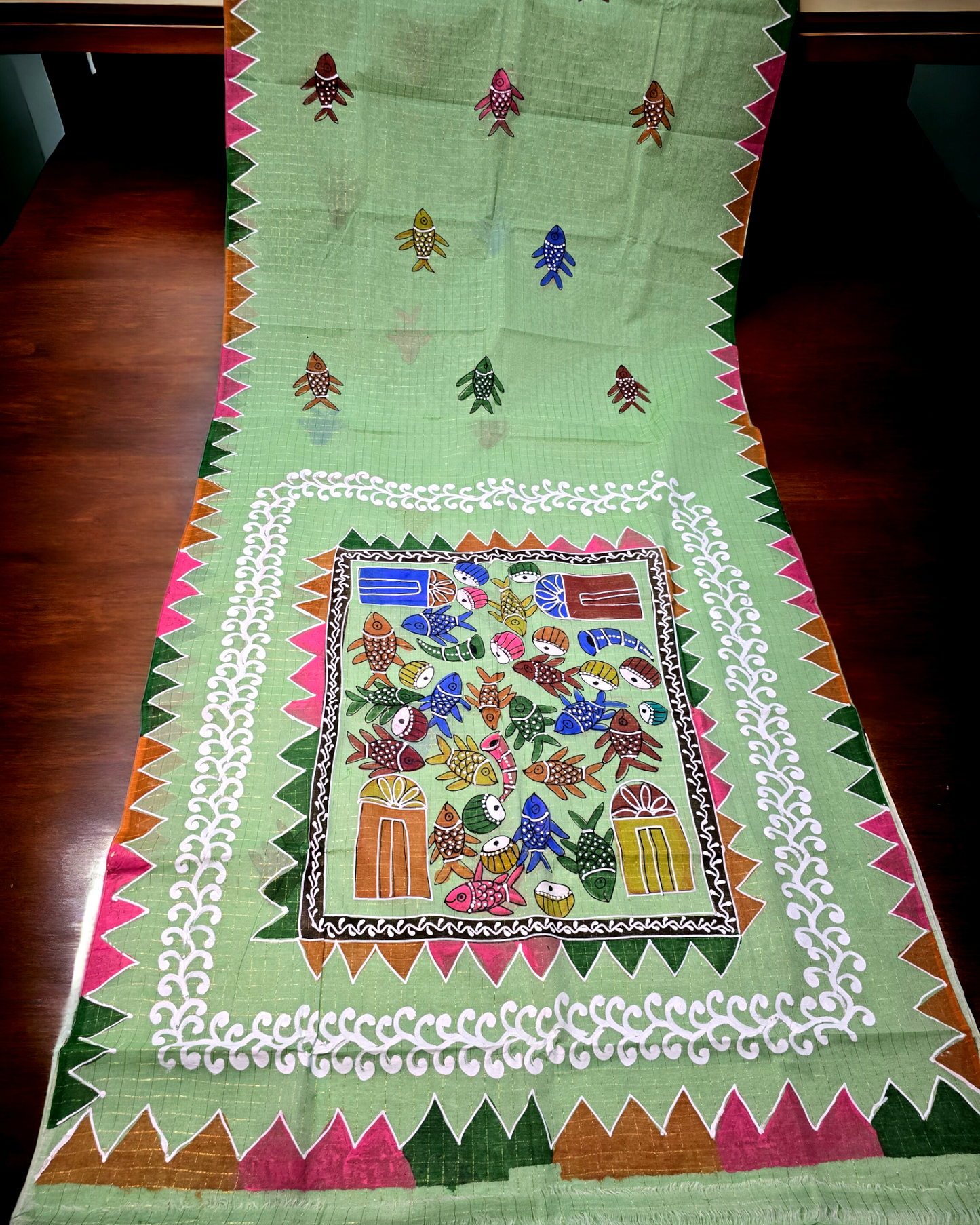 Light green hand painted zari check tant saree from bengal handloom