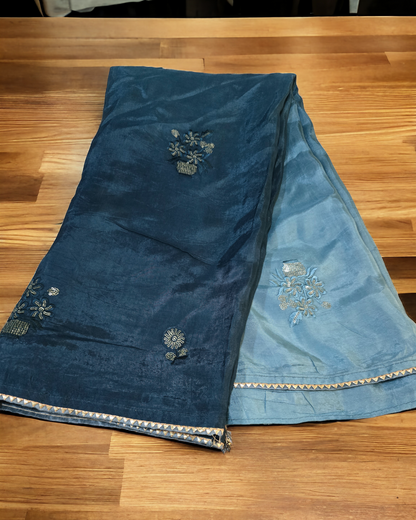 Blue colour ombre dyed russian crepe saree