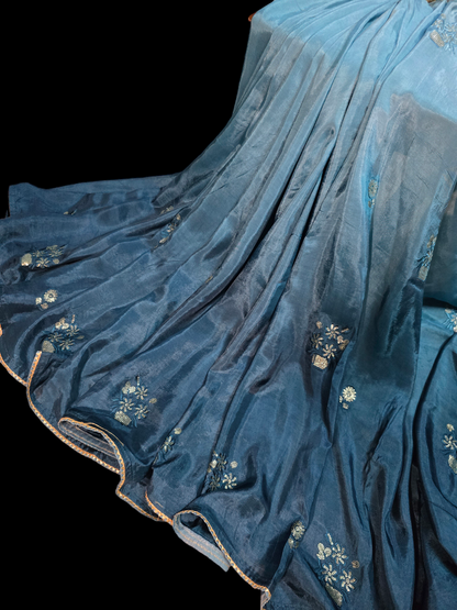 Blue colour ombre dyed russian crepe saree