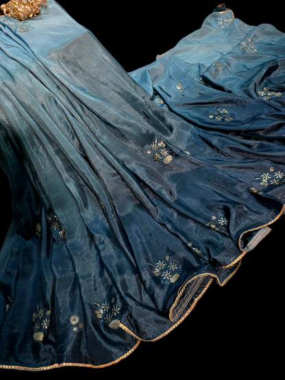 Blue colour ombre dyed russian crepe saree