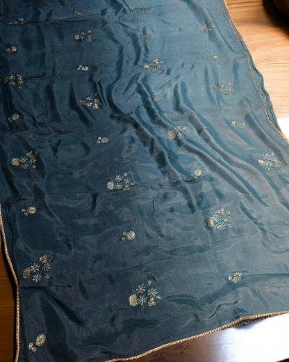 Blue colour ombre dyed russian crepe saree