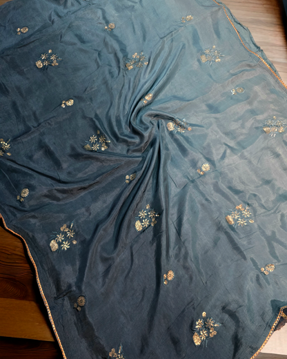 Blue colour ombre dyed russian crepe saree