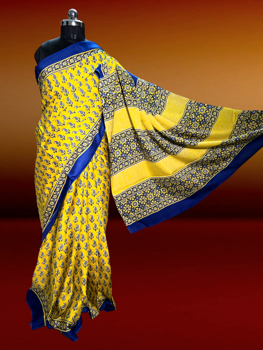 Yellow block printed modal silk saree