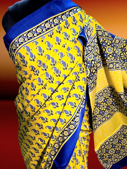 Yellow block printed modal silk saree