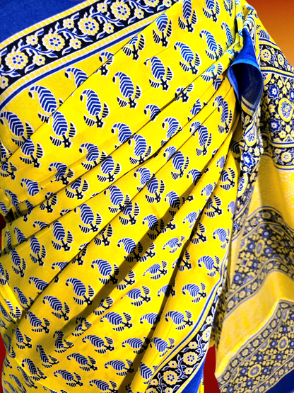 Yellow block printed modal silk saree