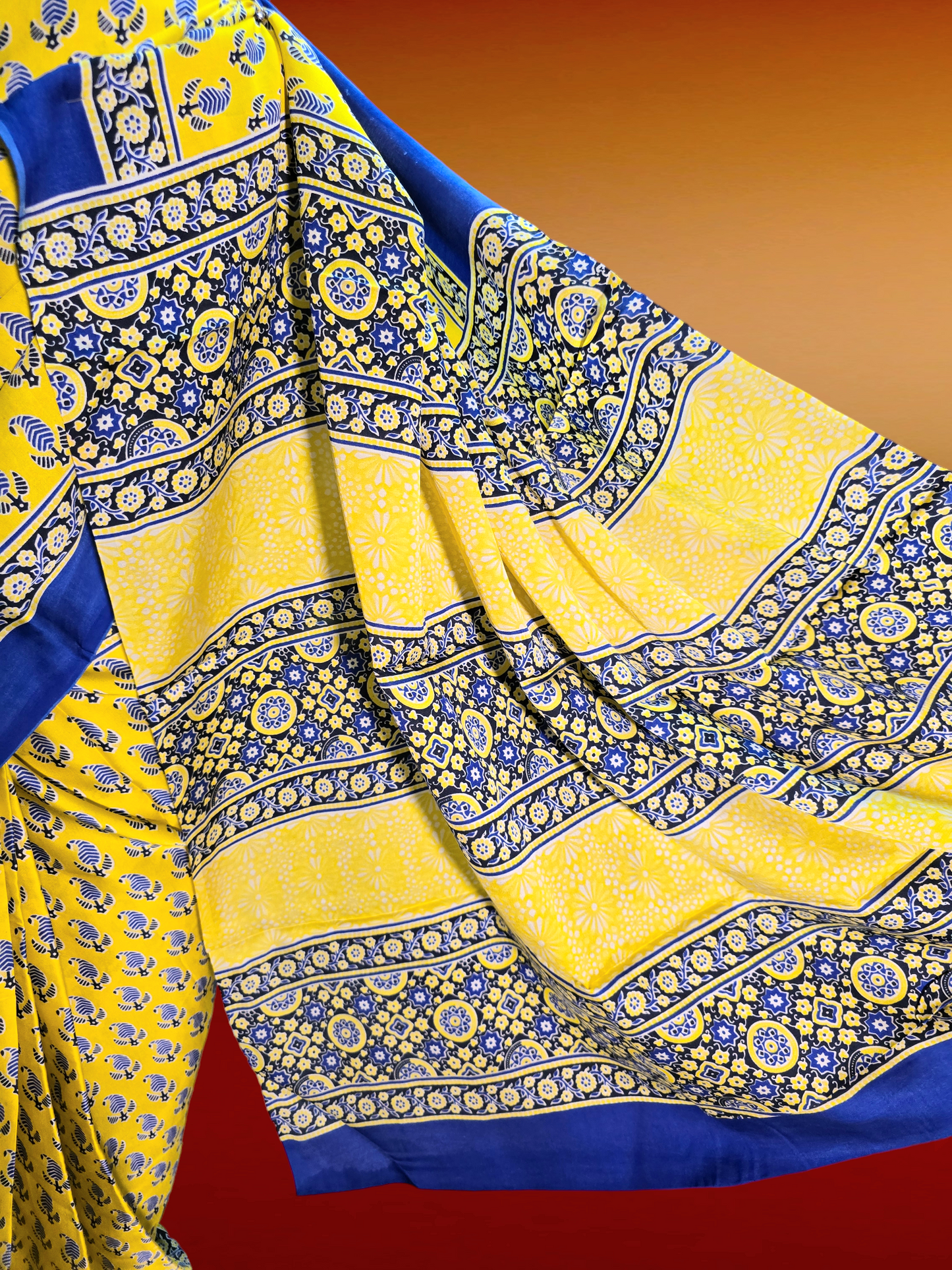 Yellow block printed modal silk saree