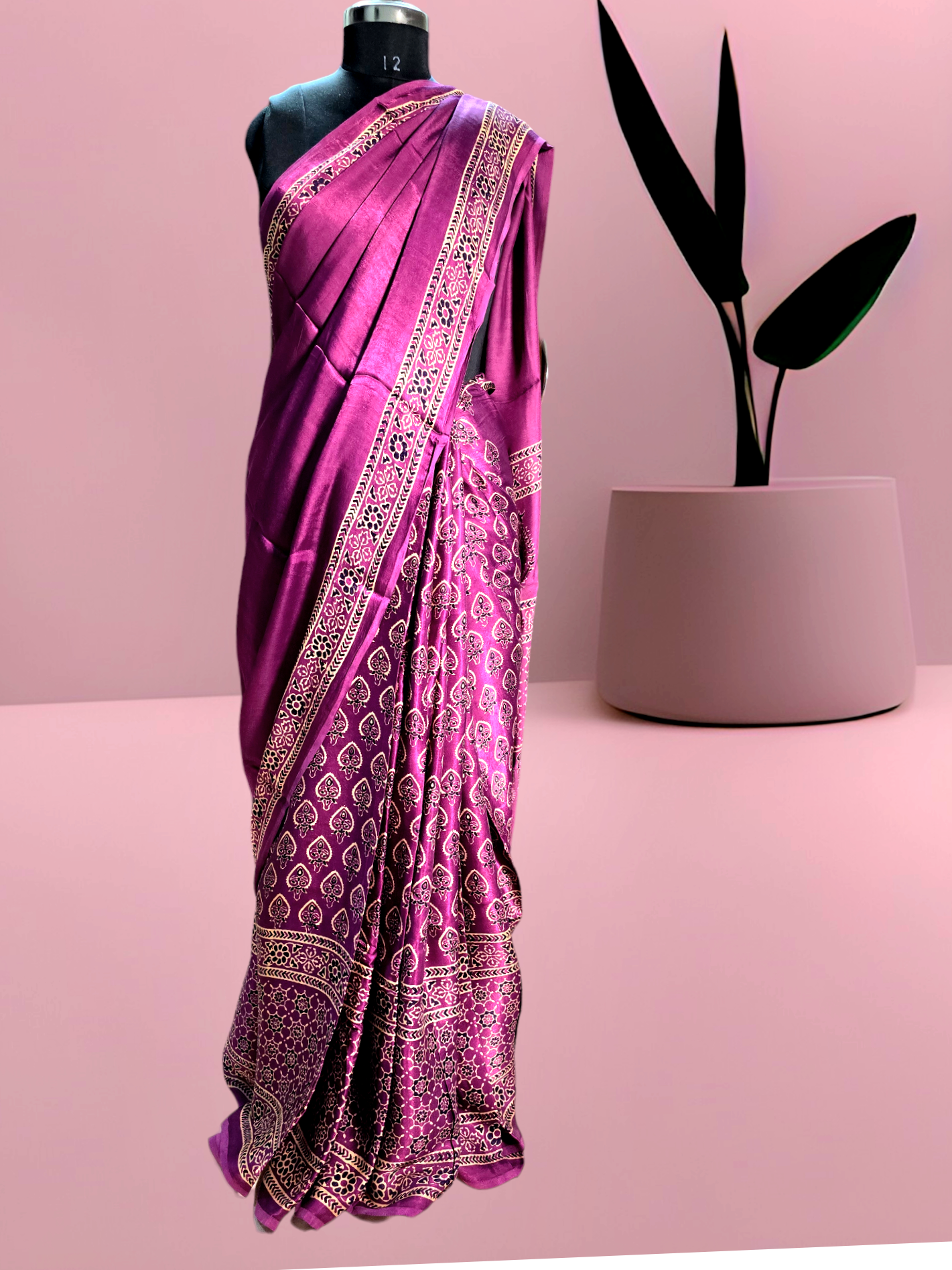 Wine colour block printed modal silk saree