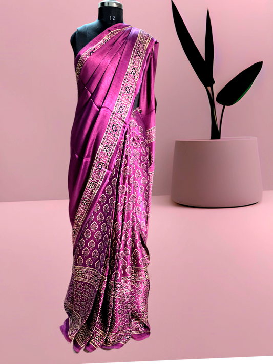 Wine colour block printed modal silk saree