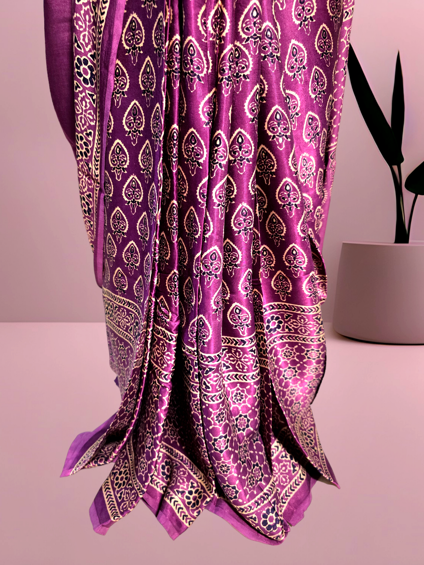 Wine colour block printed modal silk saree