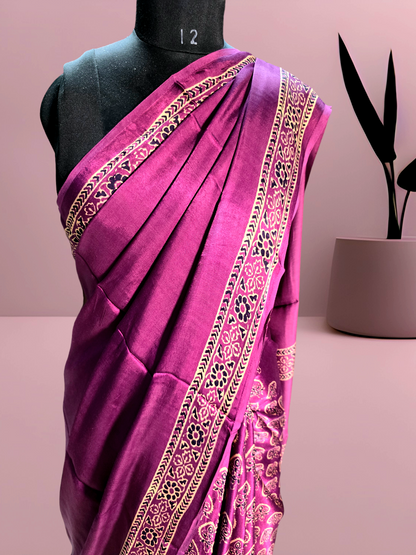 Wine colour block printed modal silk saree