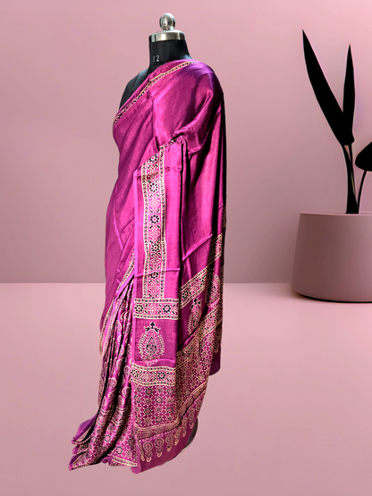 Wine colour block printed modal silk saree