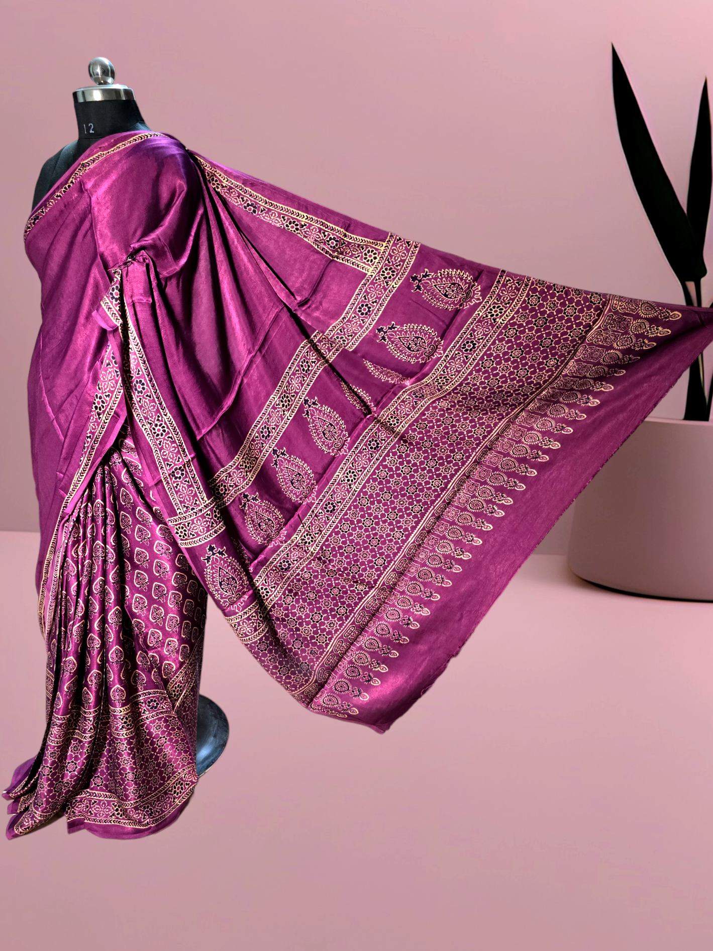 Wine colour block printed modal silk saree