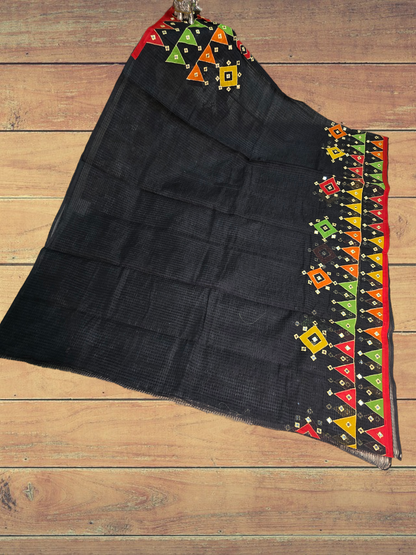 Black silk kota applique and mirror work saree