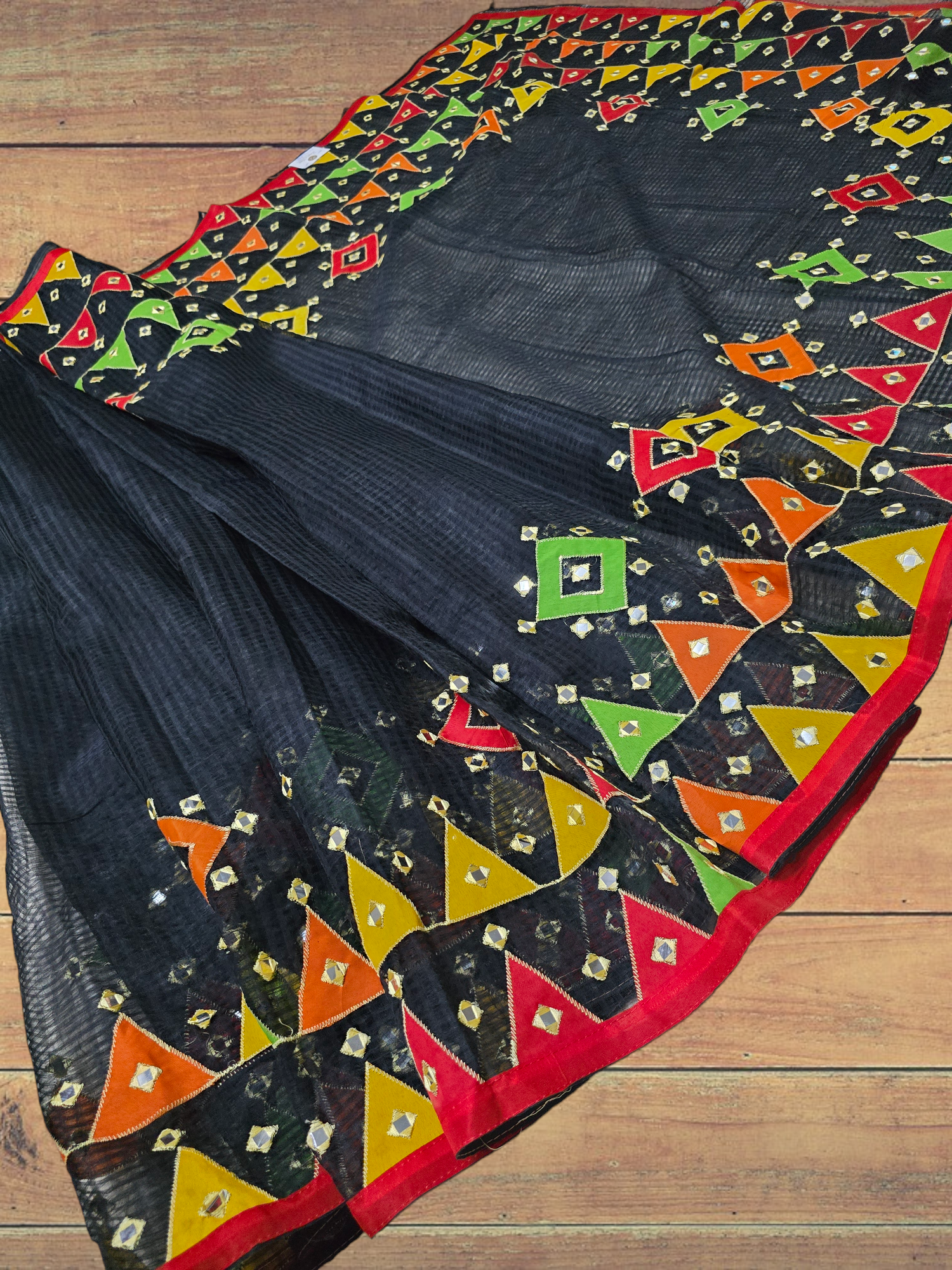 Black silk kota applique and mirror work saree