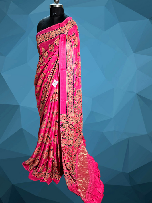 Pink colour ajrakh block printed modal silk saree with tissue pallu