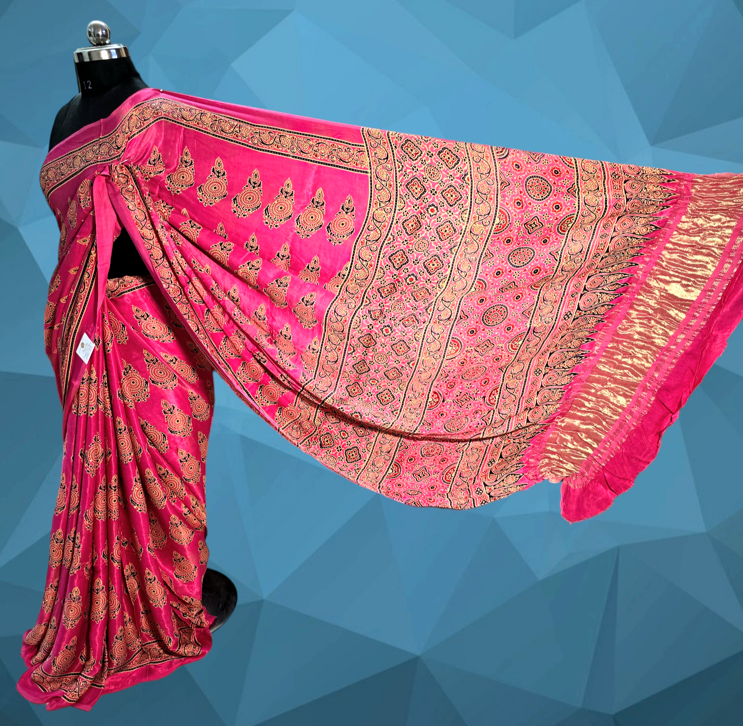 Pink colour ajrakh block printed modal silk saree with tissue pallu