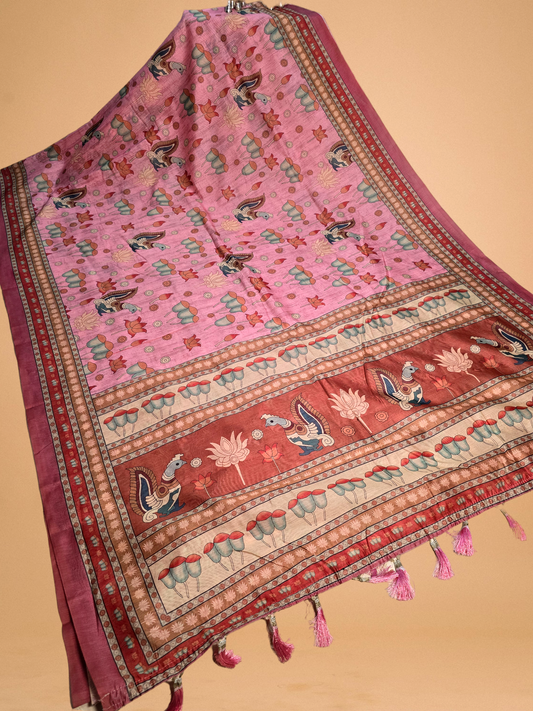 Pink ccolour Kalamkari printed malai cotton saree