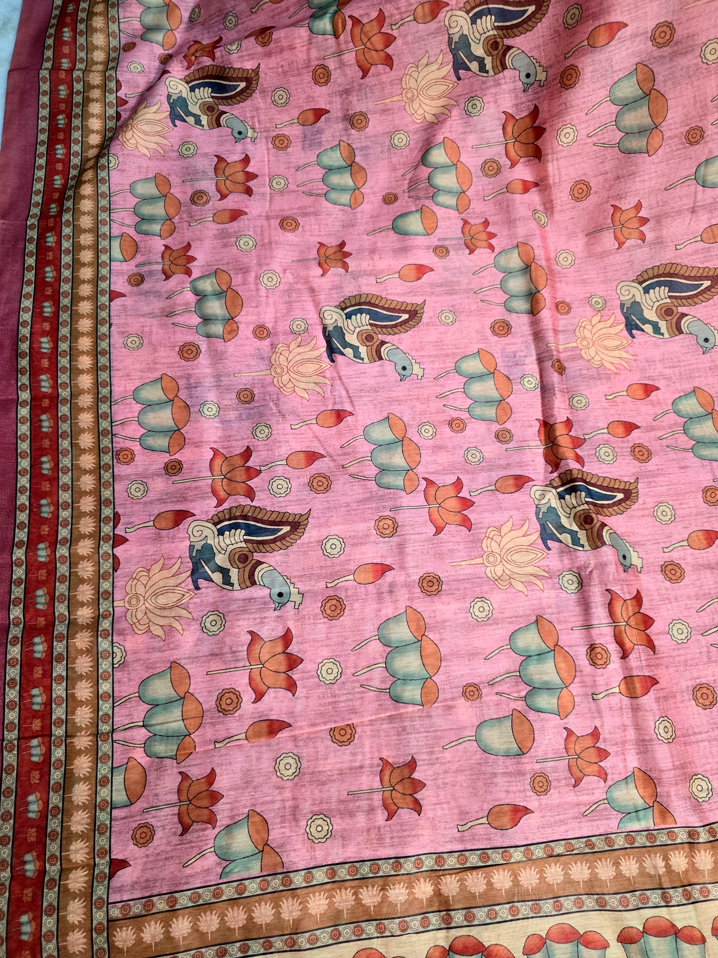 Pink ccolour Kalamkari printed malai cotton saree