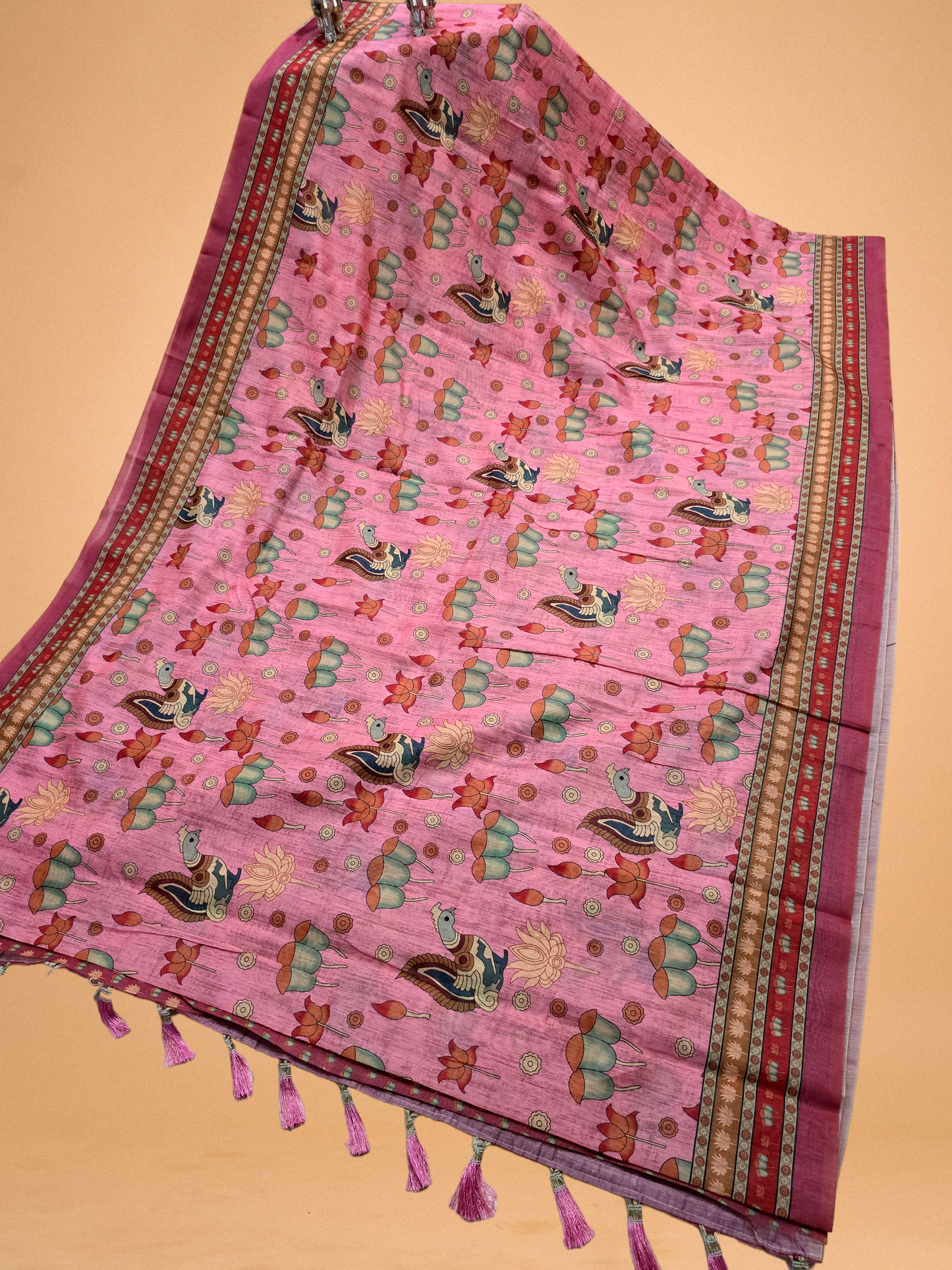 Pink ccolour Kalamkari printed malai cotton saree