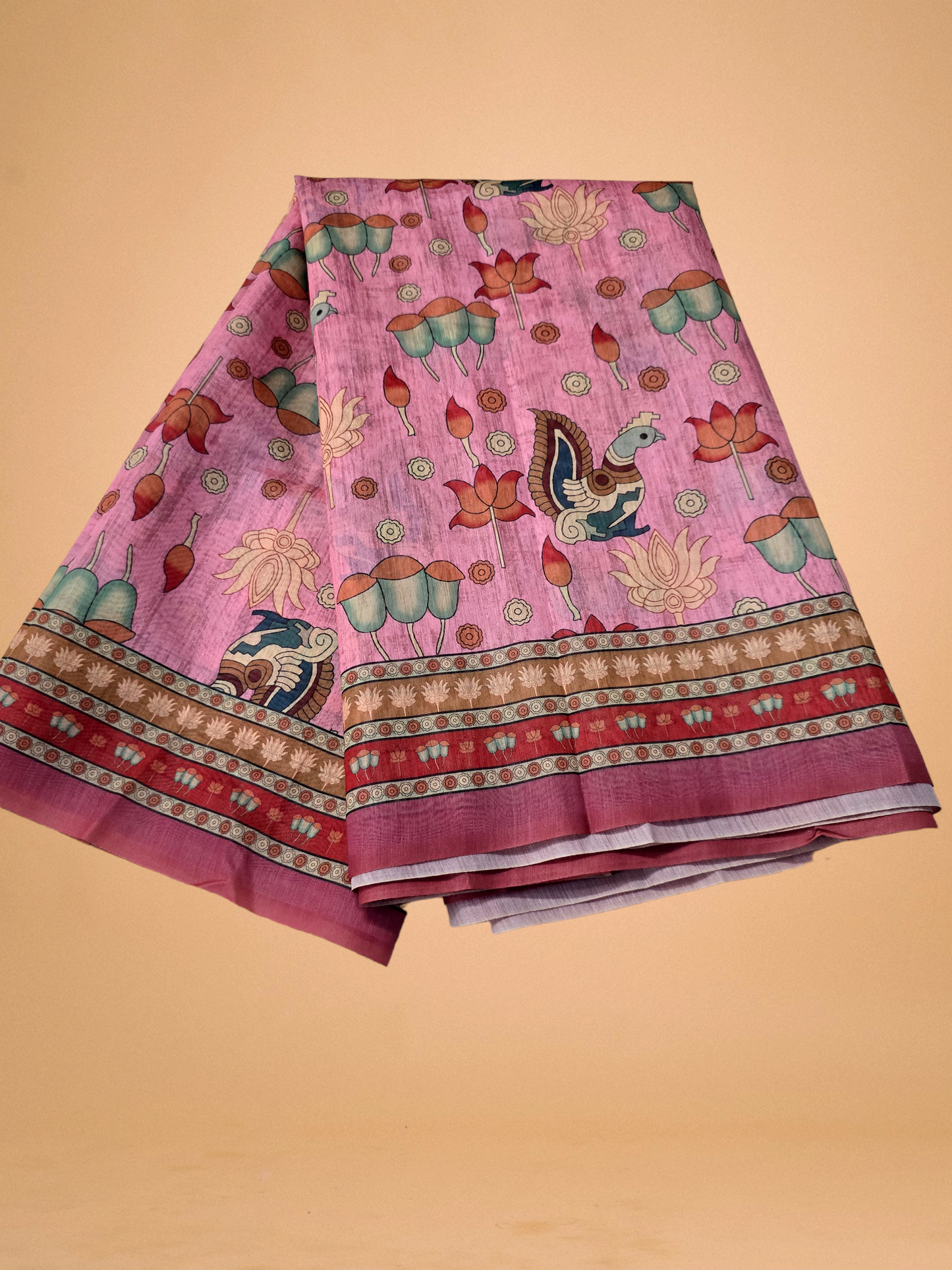 Pink ccolour Kalamkari printed malai cotton saree