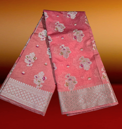 peach colour banarsi khaddi georgette saree