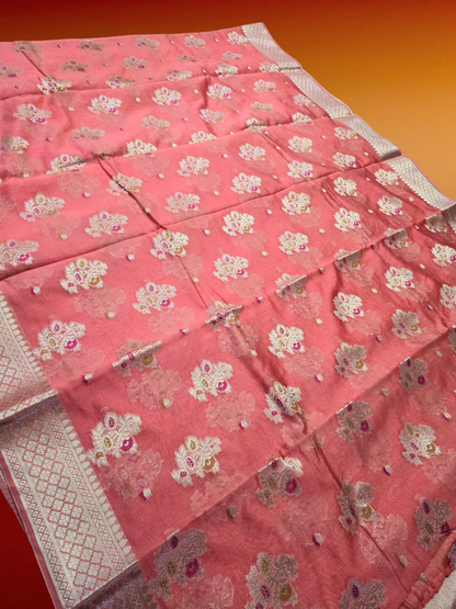 peach colour banarsi khaddi georgette saree