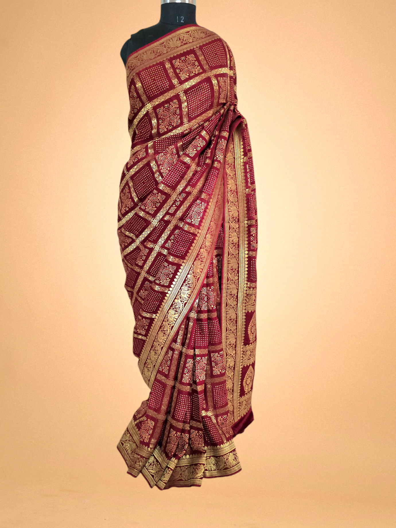 Red Modal Silk Ajrakh Gharchola Saree