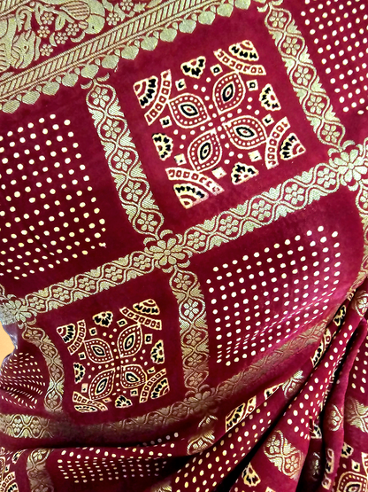 Red Modal Silk Ajrakh Gharchola Saree