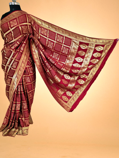 Red Modal Silk Ajrakh Gharchola Saree