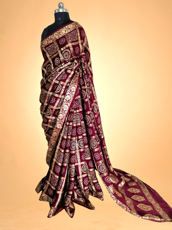 Maroon Modal Silk Ajrakh Gharchola Saree