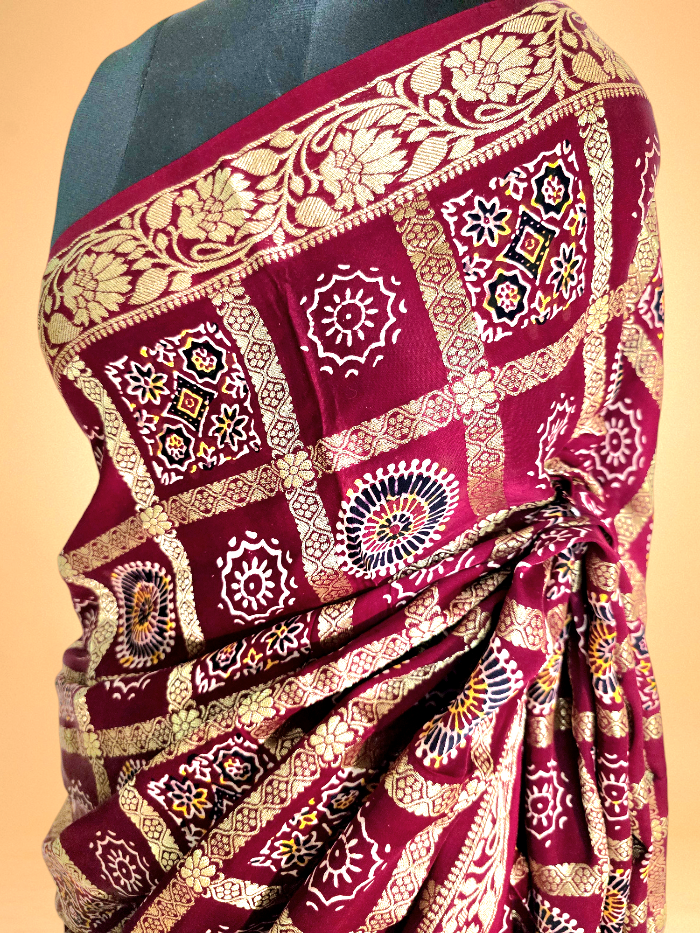 Maroon Modal Silk Ajrakh Gharchola Saree