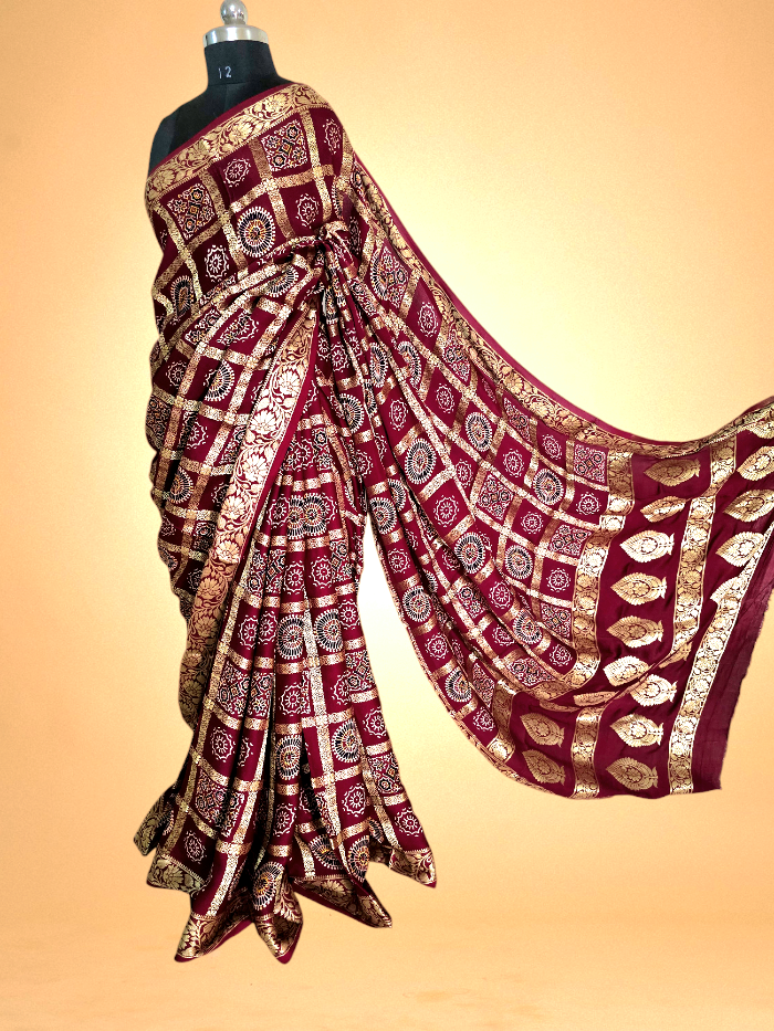 Maroon Modal Silk Ajrakh Gharchola Saree