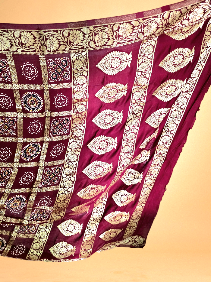 Maroon Modal Silk Ajrakh Gharchola Saree