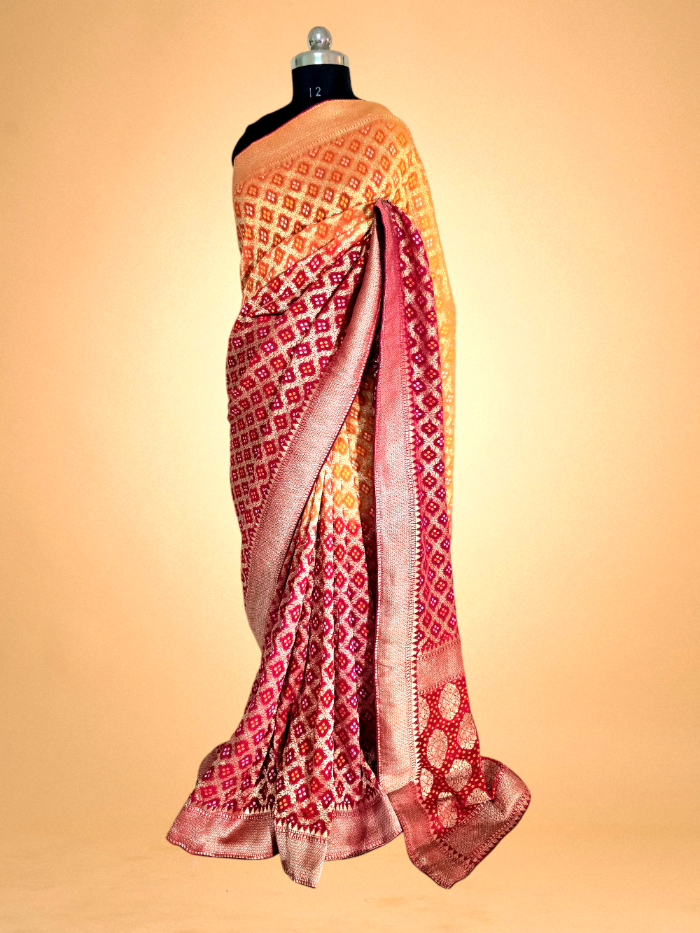 Orange and Pink Bandhani Pure Khaddi Georgette Saree