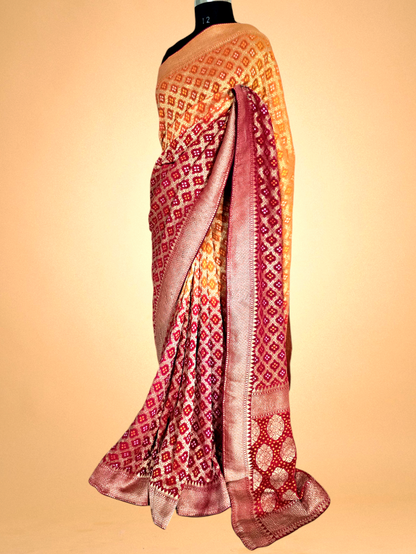 Orange and Pink Bandhani Pure Khaddi Georgette Saree