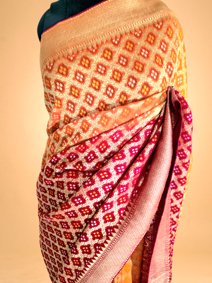 Orange and Pink Bandhani Pure Khaddi Georgette Saree