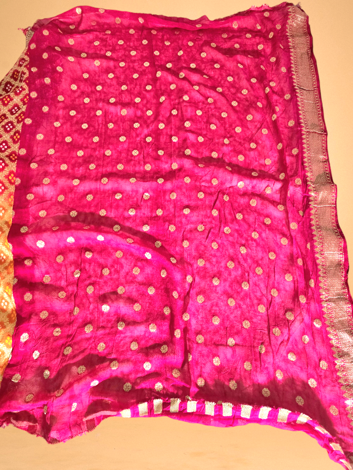 Orange and Pink Bandhani Pure Khaddi Georgette Saree