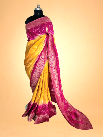 Yellow and Pink Crepe Georgette Bandhani Saree