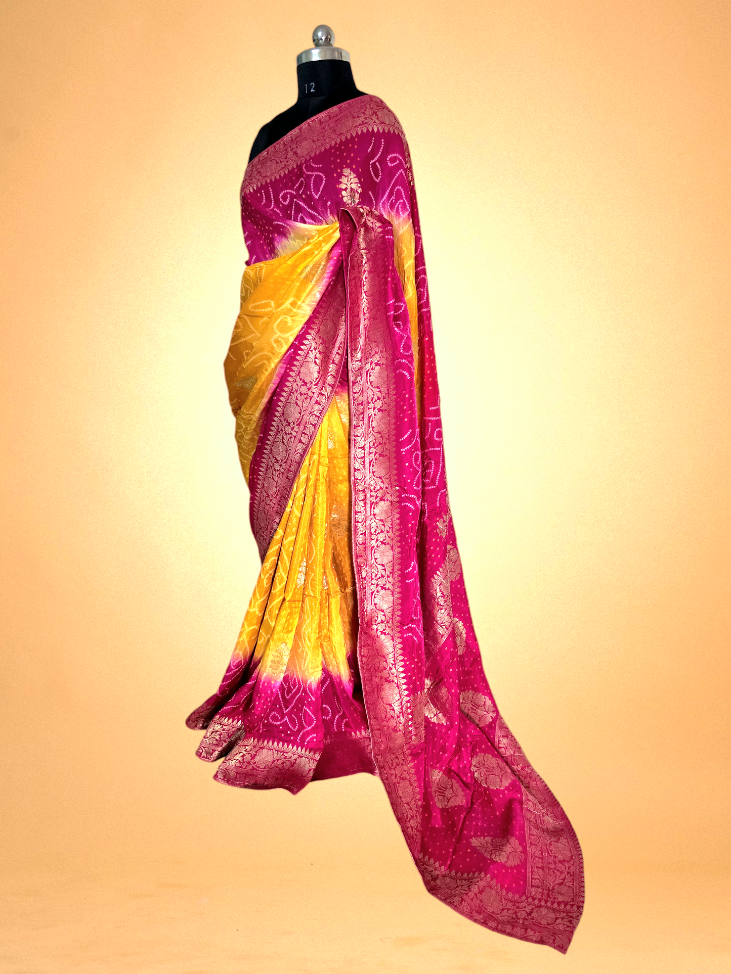 Yellow and Pink Crepe Georgette Bandhani Saree