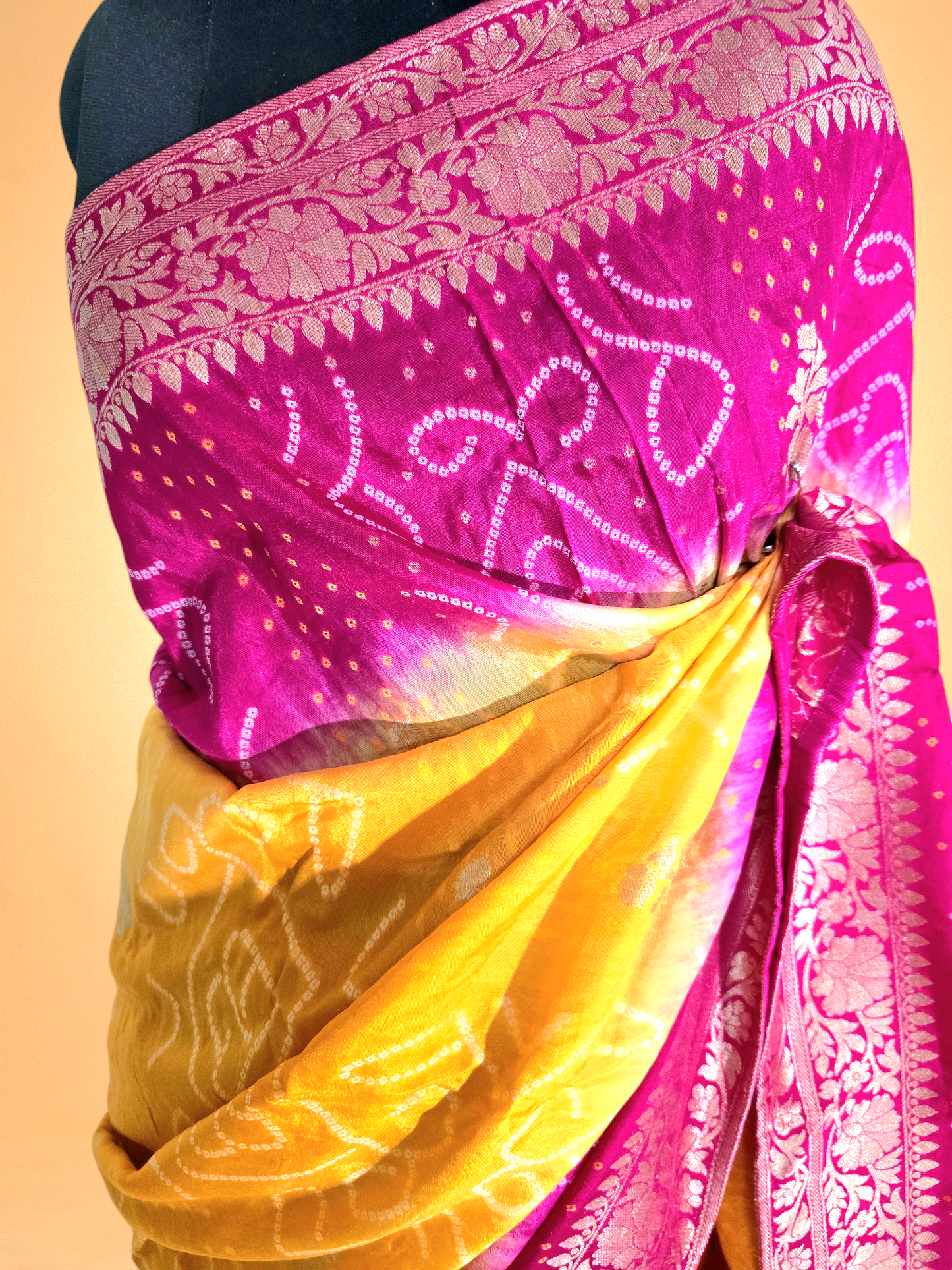 Yellow and Pink Crepe Georgette Bandhani Saree