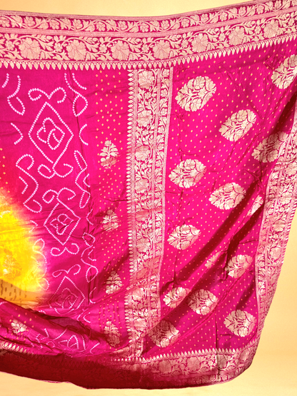 Yellow and Pink Crepe Georgette Bandhani Saree