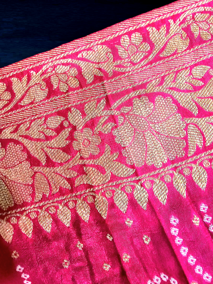 Yellow and Pink Crepe Georgette Bandhani Saree