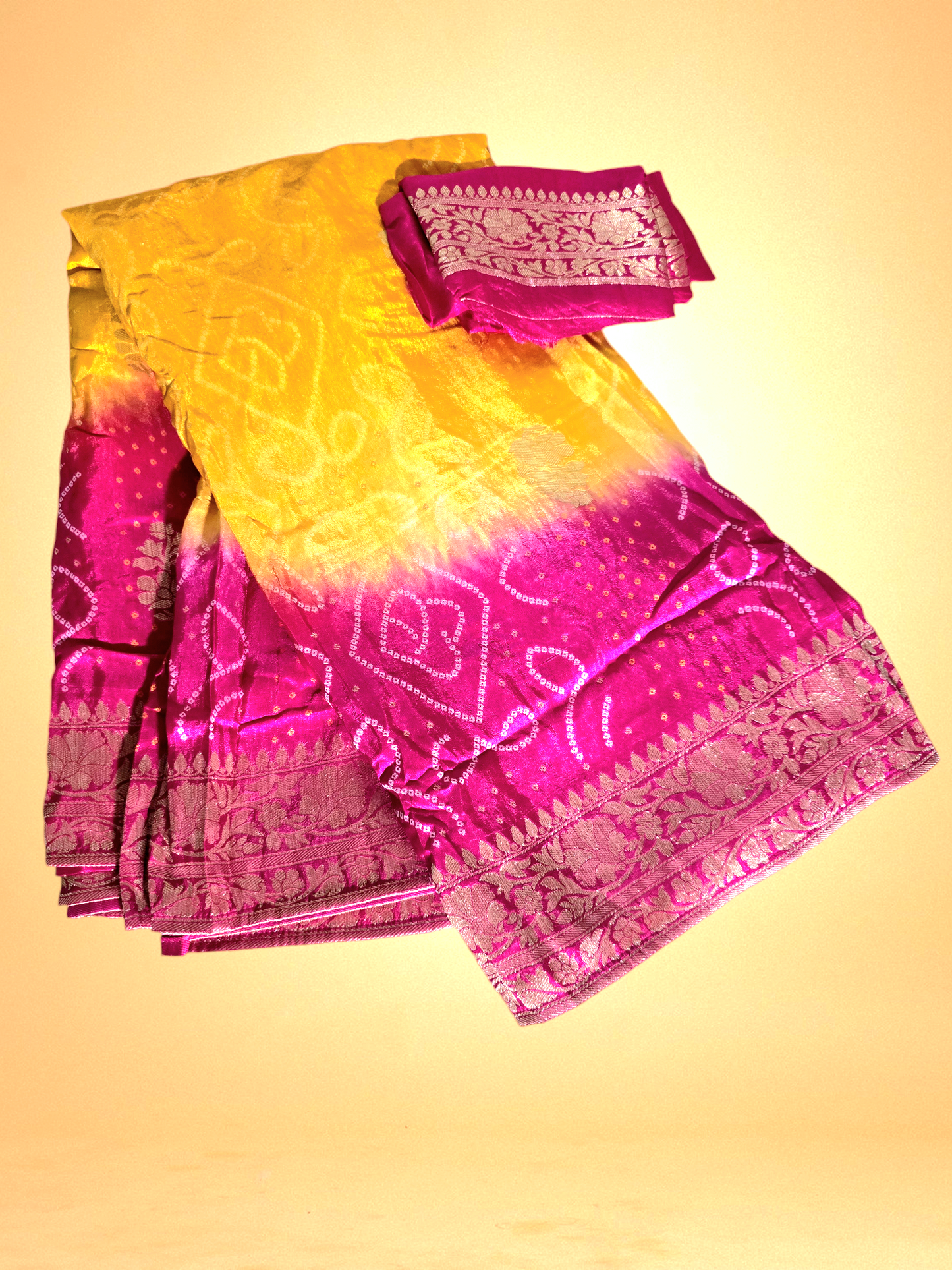 Yellow and Pink Crepe Georgette Bandhani Saree