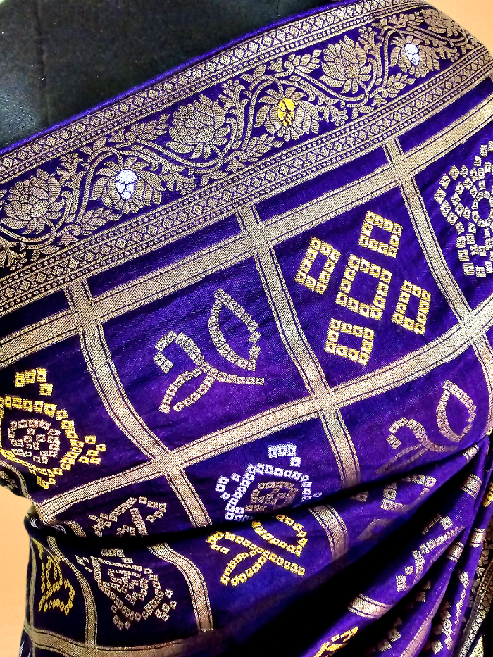 Purple Zari Check Crepe Bandhani Saree