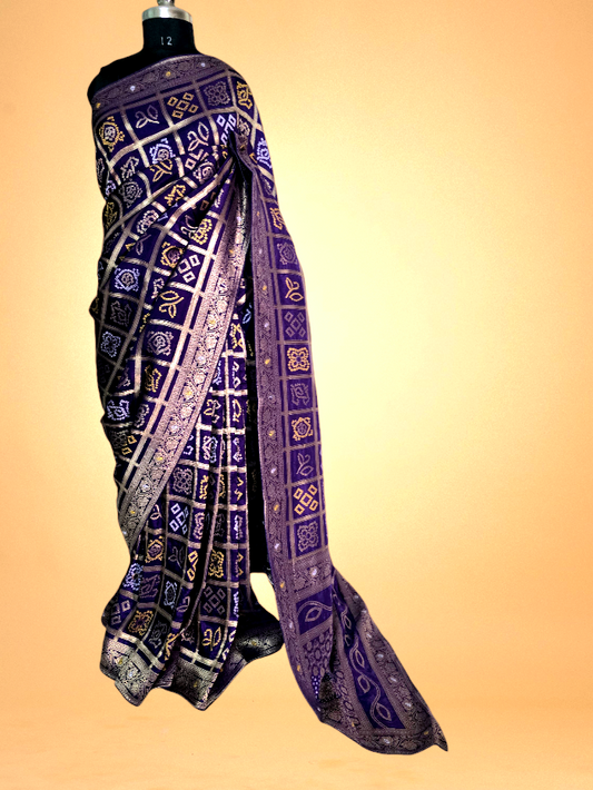 Purple Zari Check Crepe Bandhani Saree