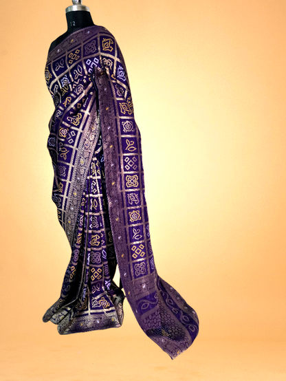 Purple Zari Check Crepe Bandhani Saree